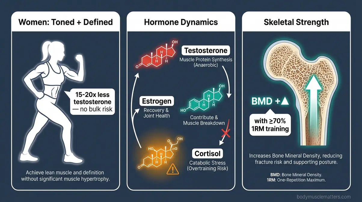 Training physique outcomes showing female muscle toning, hormone impact on strength gains, and bone density improvement