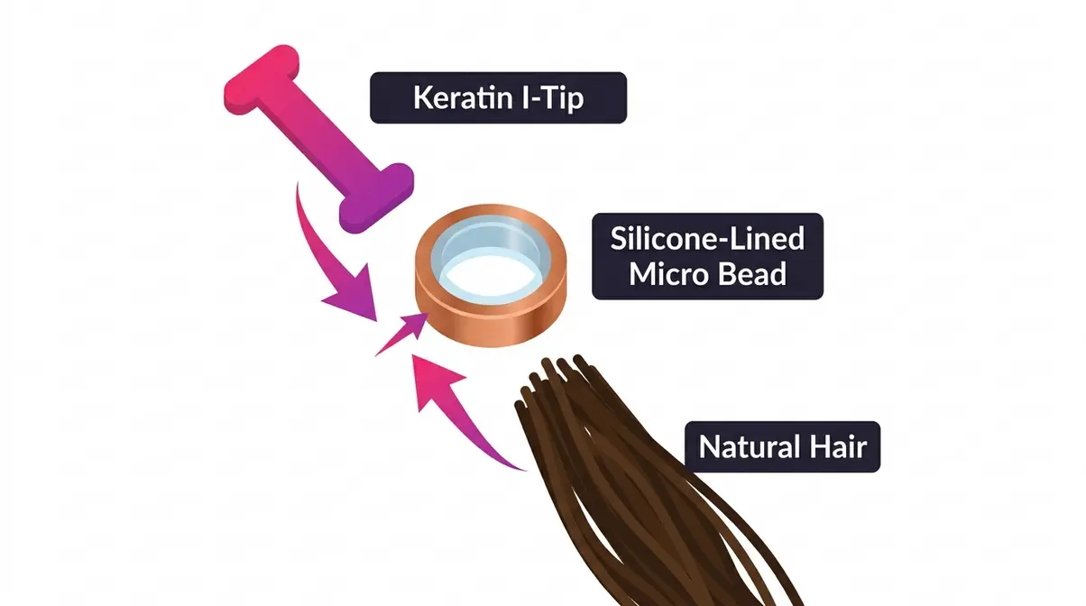 Anatomy diagram of i-tip hair extension showing keratin tip, micro bead, and natural hair strand before clamping