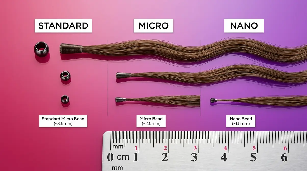 Three sizes of i-tip extension beads — standard, micro, and nano — shown side by side with size labels for comparison