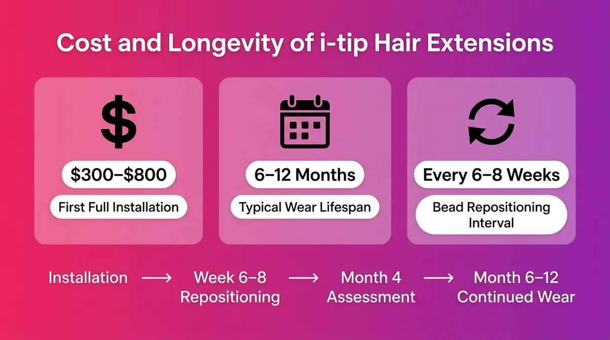 I-tip hair extension cost and longevity overview showing dollar range, six to twelve month lifespan, and six to eight week maintenance interval