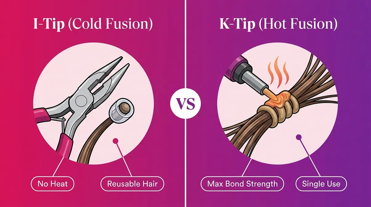 Split comparison of i-tip cold fusion bead method versus k-tip hot fusion heat tool method for hair extensions