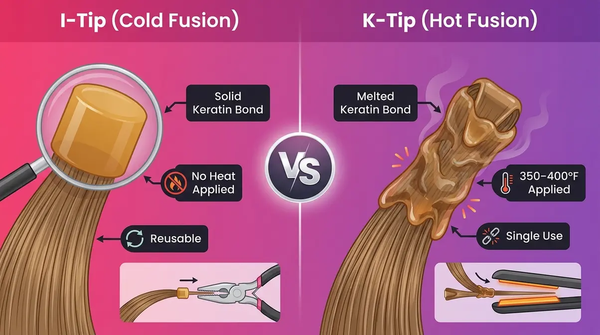 Side-by-side comparison of keratin I-tip cold fusion bond versus K-tip hot fusion melted bond showing structural differences