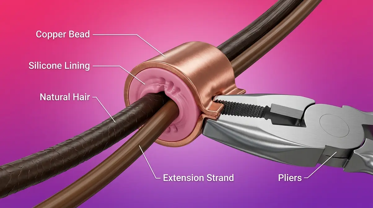 Close-up macro view of silicone-lined copper micro bead being clamped on an i-tip hair extension strand with pliers