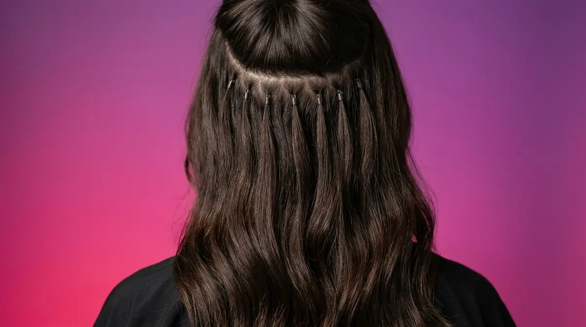 Close-up of i-tip hair extensions installed with micro beads blending seamlessly with natural hair at the roots