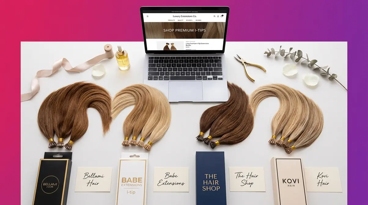 Premium i-tip hair extension strands and brand packaging from Bellami, Babe, The Hair Shop, and Kovi arranged for comparison