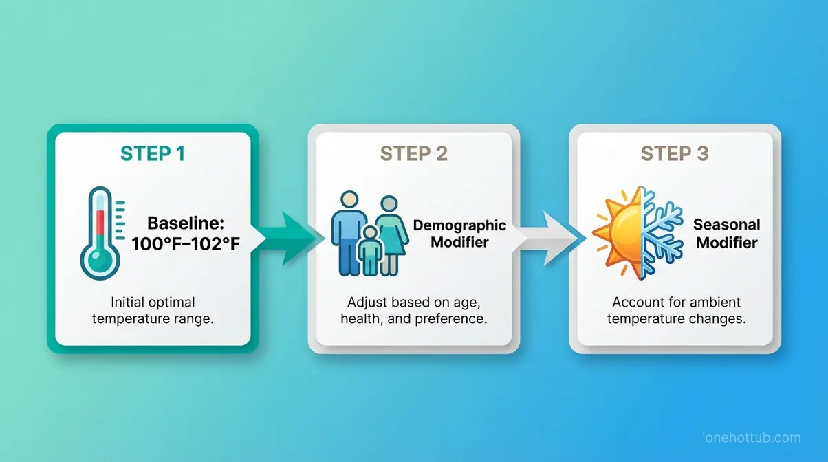 Comfort Zone Formula three-step chart showing baseline 100 to 102°F adjusted for demographic and season