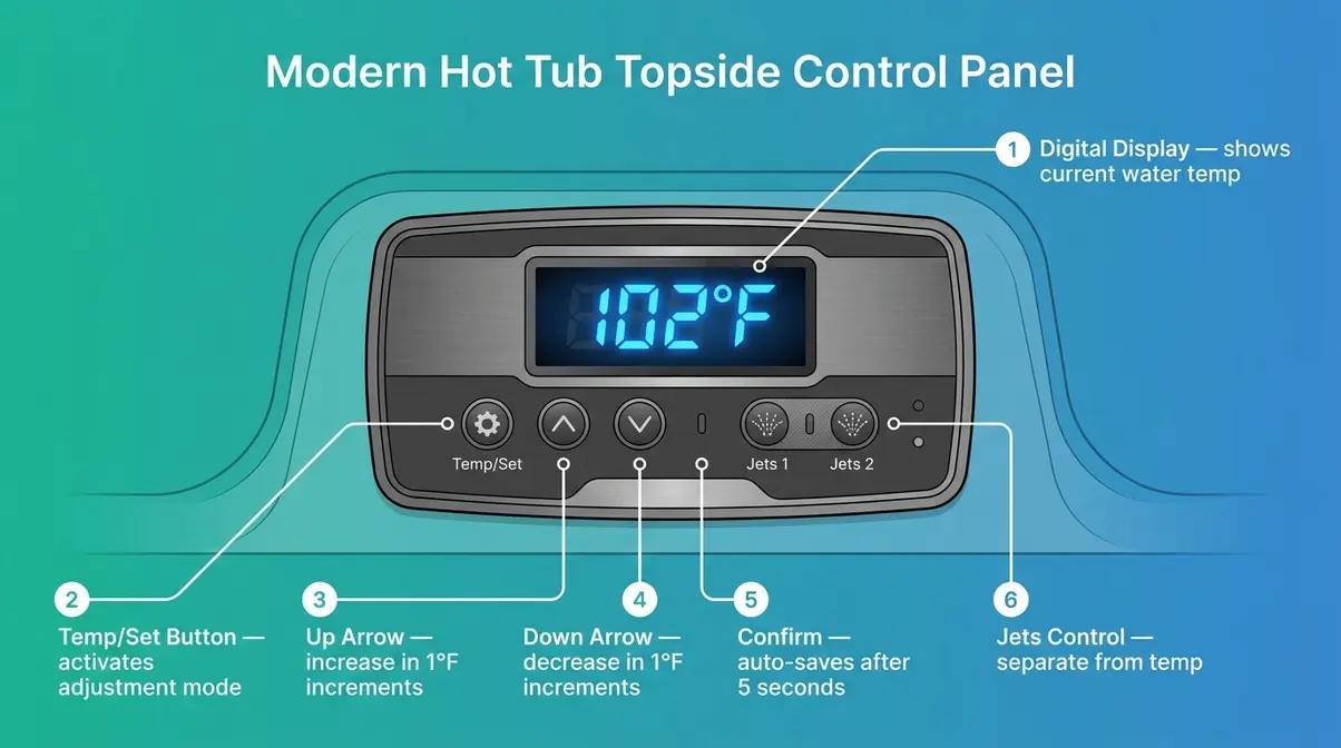 Annotated hot tub control panel diagram showing temperature adjustment buttons and digital display reading 102°F