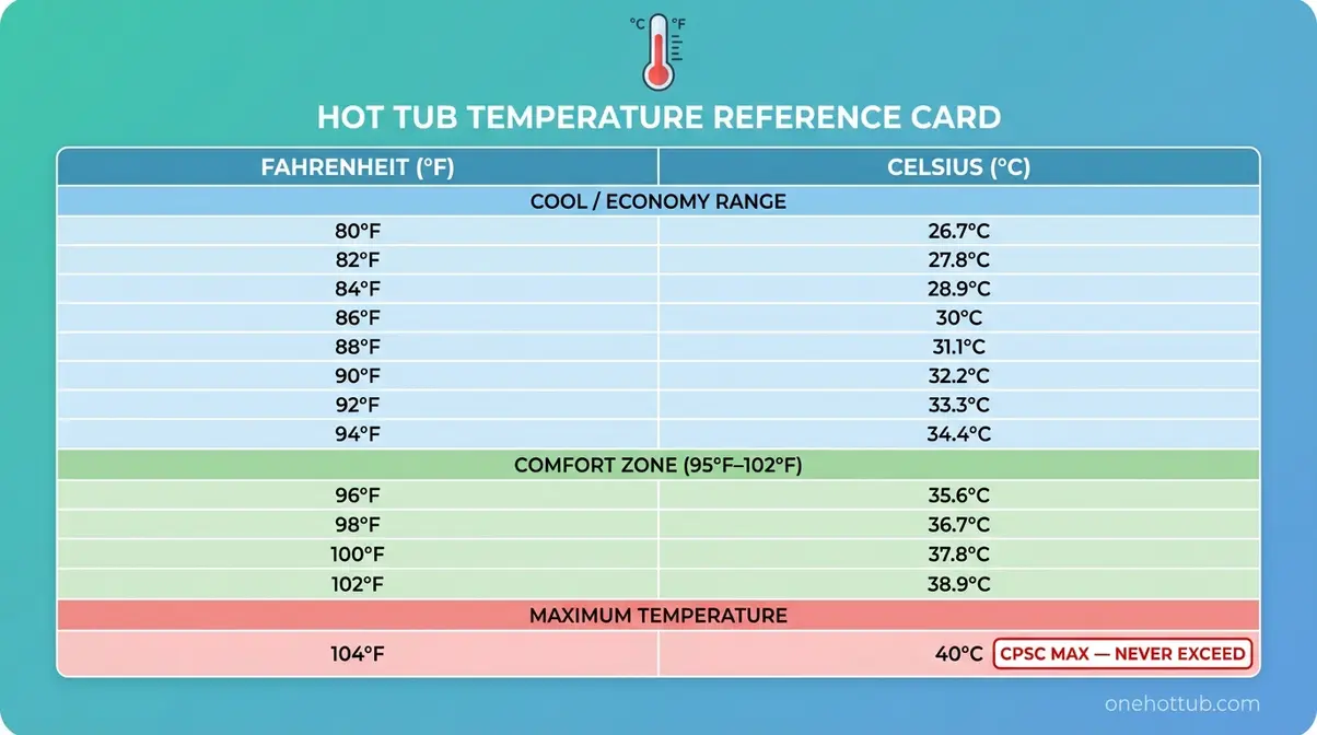 Hot tub Fahrenheit to Celsius conversion chart from 80°F to 104°F with color-coded safety zones