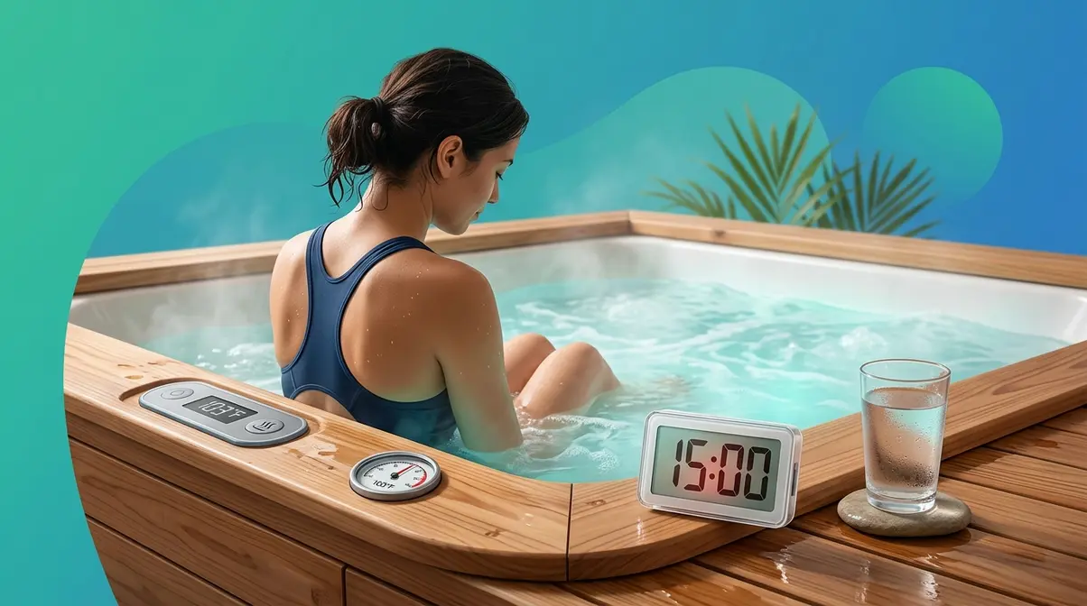 Person soaking in hot tub at 103°F with 15-minute timer on the edge showing the safety rule