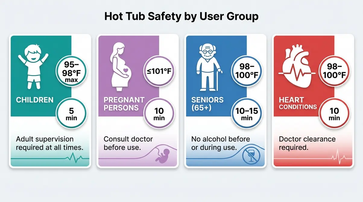 Hot tub temperature safety guide callout cards for children seniors pregnant users and heart conditions