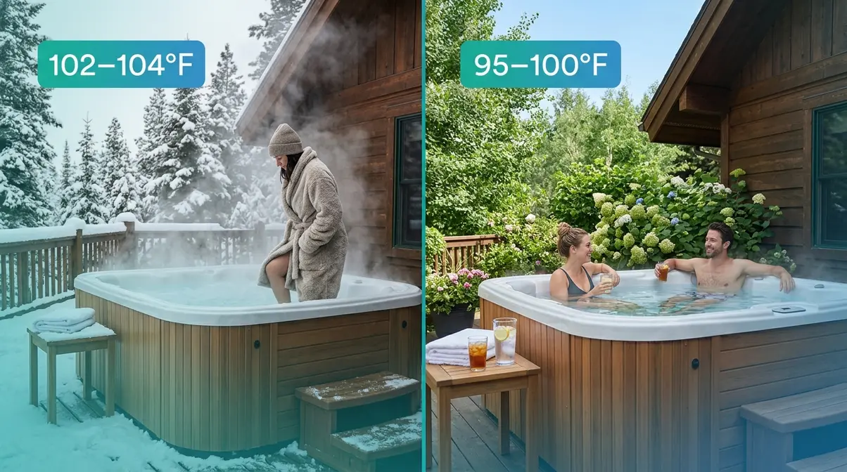 Hot tub seasonal temperature comparison showing winter setting at 104°F and summer setting at 98°F side by side