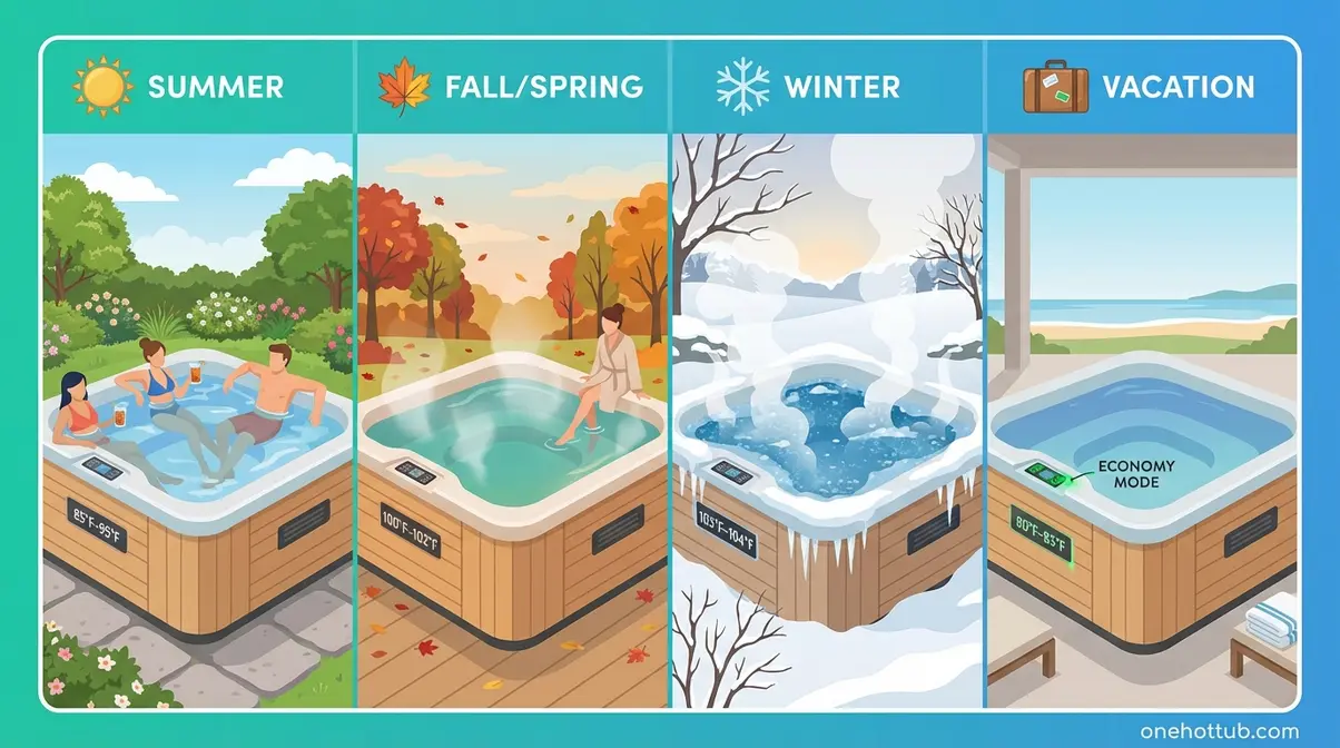 Hot tub seasonal temperature settings chart showing summer 85 to 95°F, winter 103 to 104°F, and vacation 80 to 85°F