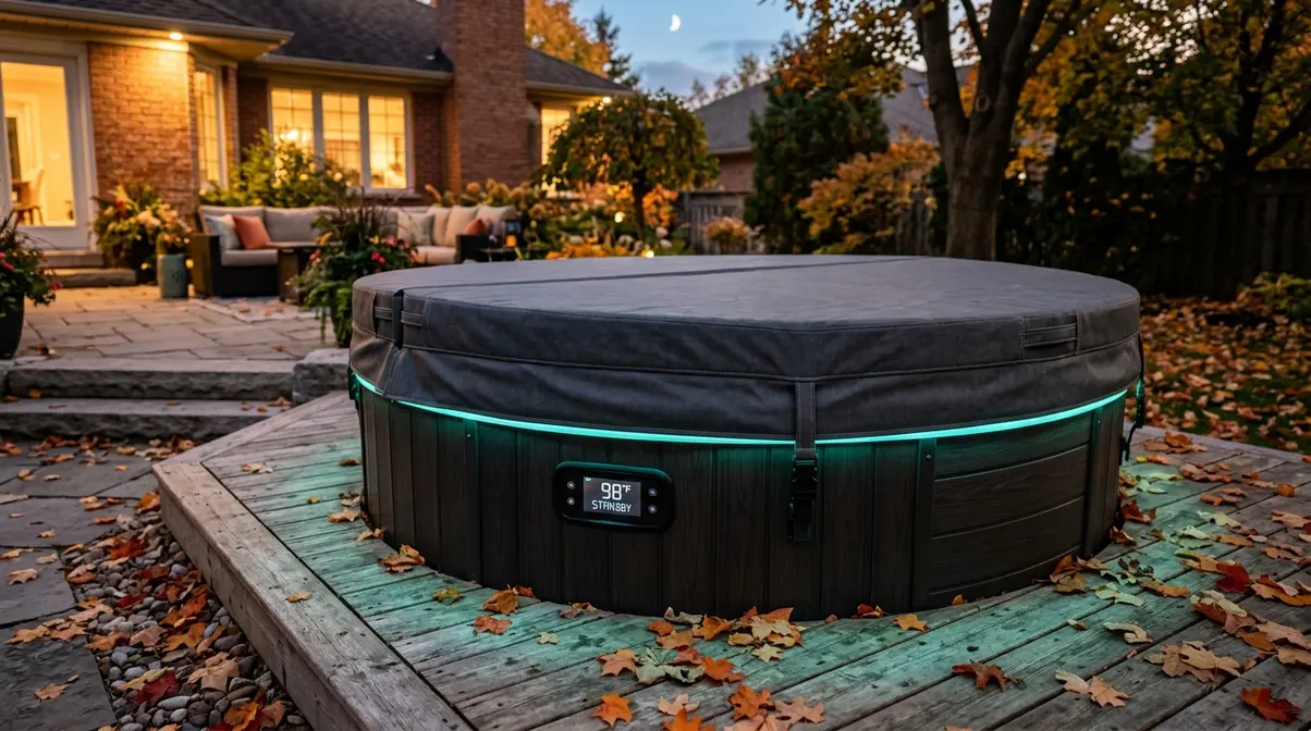 Hot tub with insulating cover closed showing 98°F standby temperature setting on control panel in autumn