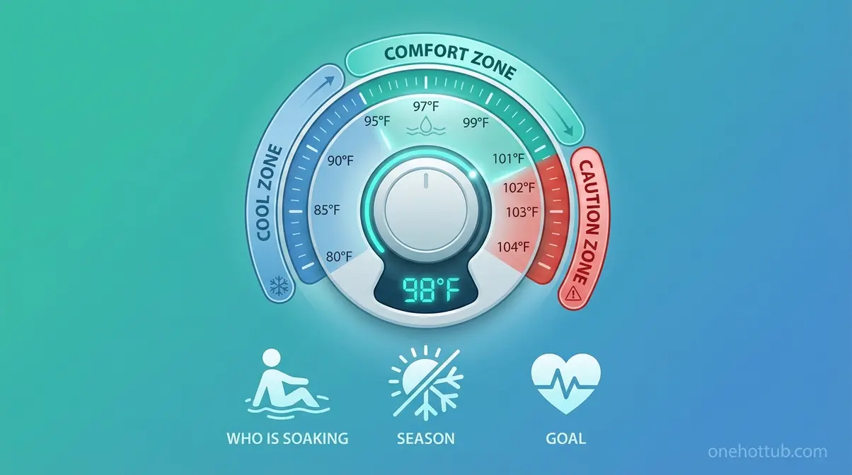 Hot tub thermostat diagram showing temperature zones from 80°F to 104°F with comfort and caution ranges