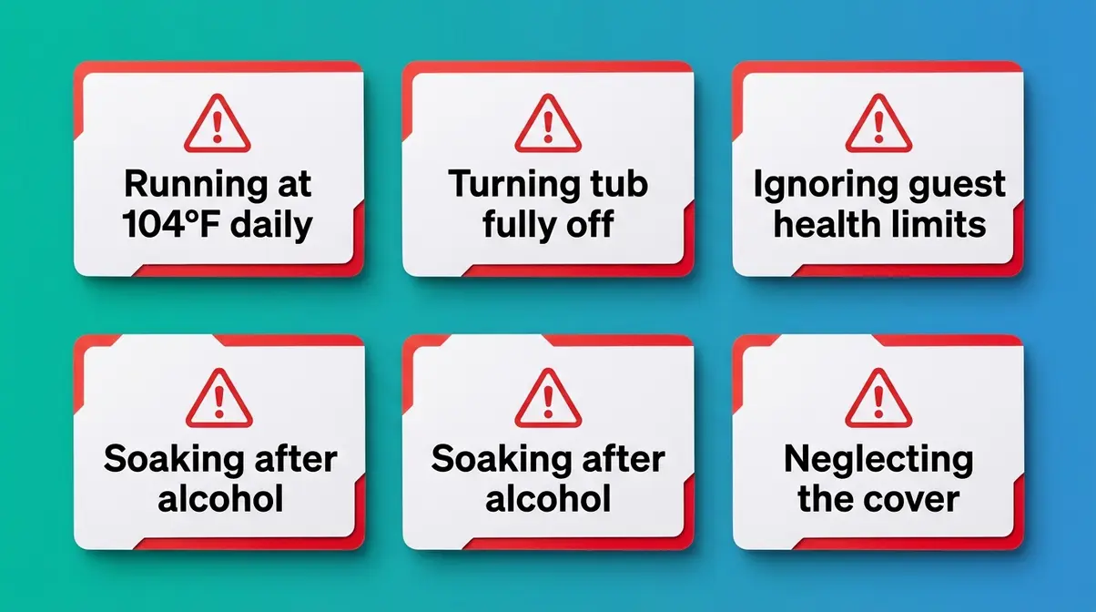Five hot tub temperature mistake warning cards showing common errors including 104°F default and alcohol before soaking
