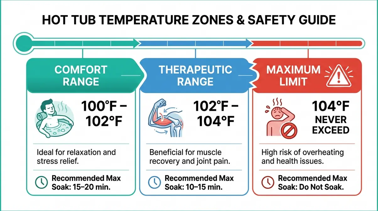 Infographic showing ideal hot tub temperature zones: comfort 100–102°F, therapeutic 102–104°F, maximum 104°F