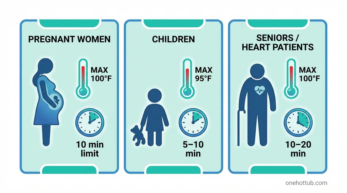 Hot tub temperature guide for vulnerable users showing pregnancy 100°F, children 95°F, and seniors 100°F limits