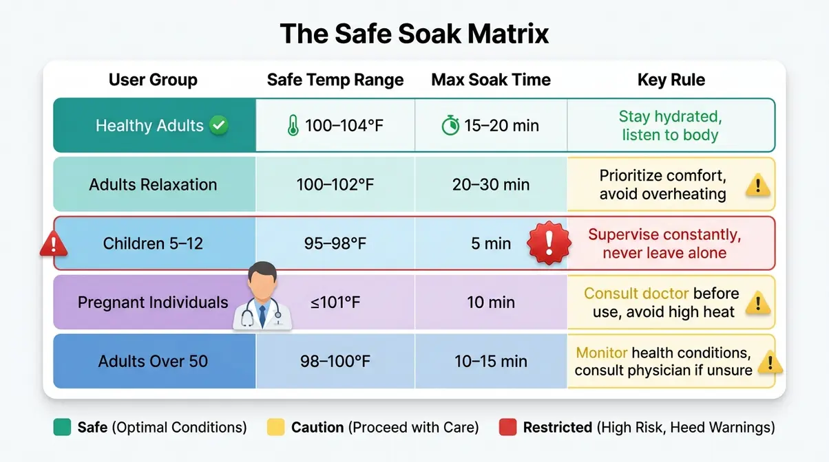 Safe Soak Matrix chart showing hot tub temperature ranges and soak times for adults children seniors and pregnant users