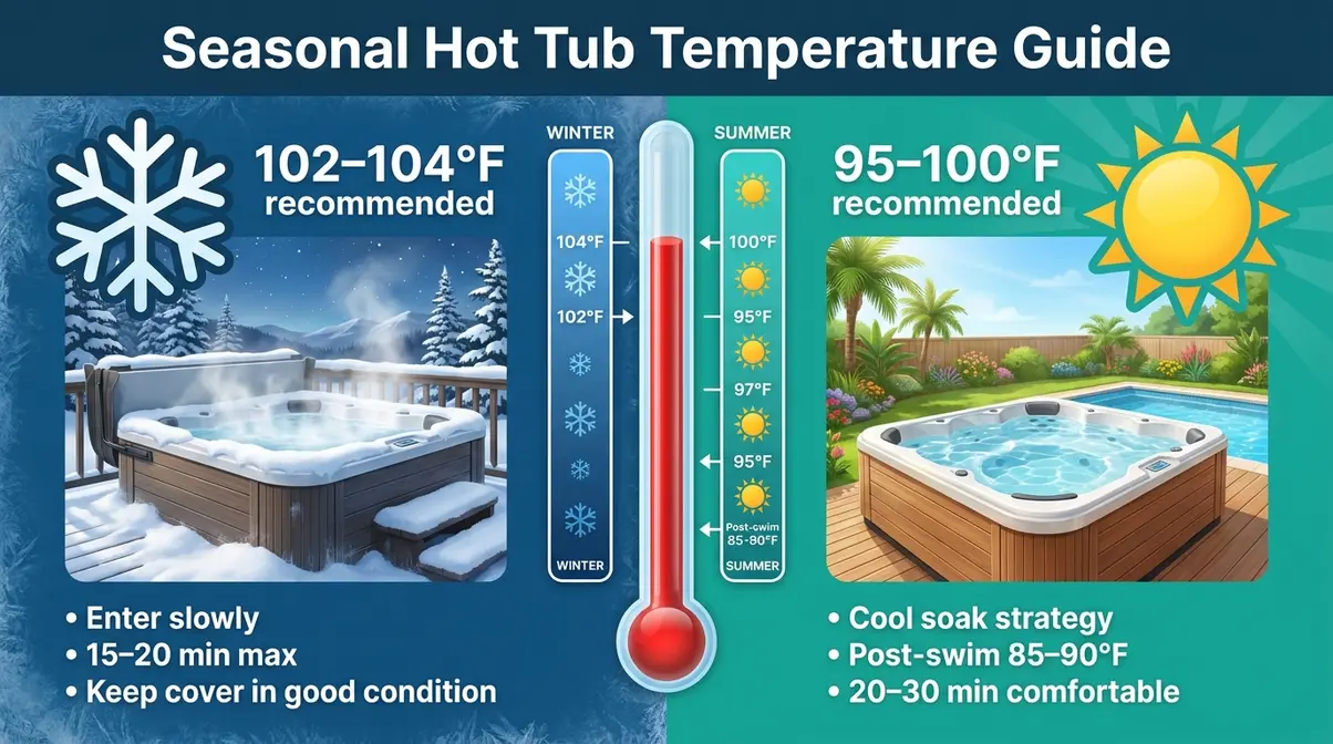 Seasonal hot tub temperature chart comparing winter settings 102–104°F and summer settings 95–100°F