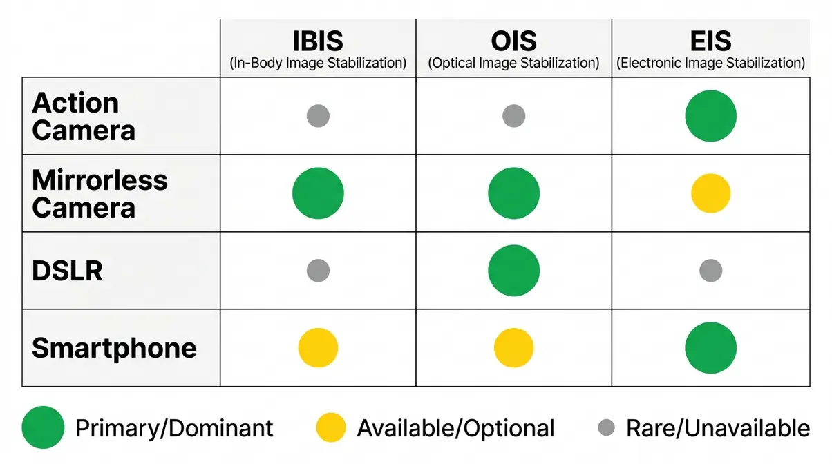Matrix showing which stabilization type IBIS OIS or EIS dominates each camera category including action mirrorless DSLR smartphone