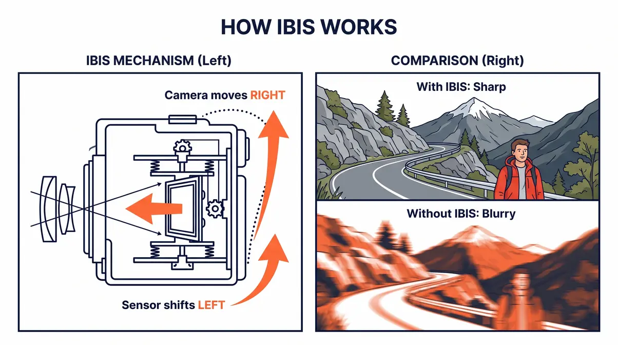 Animated diagram showing IBIS sensor movement compensating for camera shake to produce a sharp image