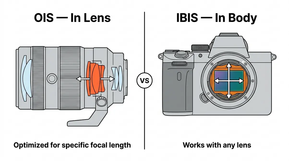 Side-by-side diagram comparing OIS lens-based stabilization versus IBIS in-body stabilization in a camera