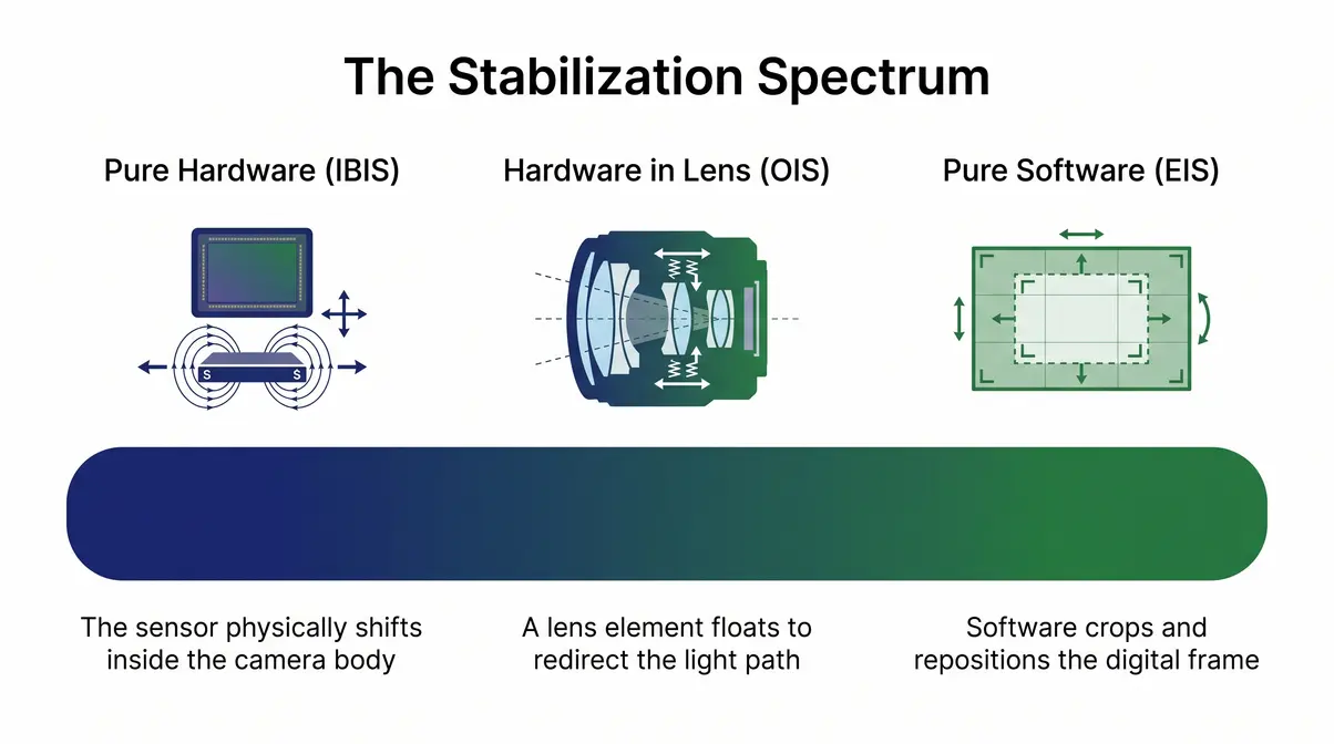 Diagram showing image stabilization camera types IBIS OIS and EIS on a spectrum from hardware to software