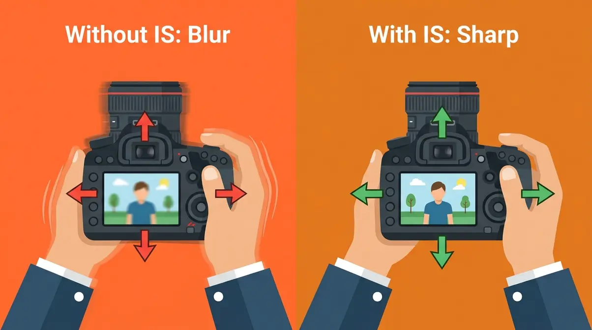 Illustration showing how image stabilization in a camera reduces hand shake blur for sharper photos