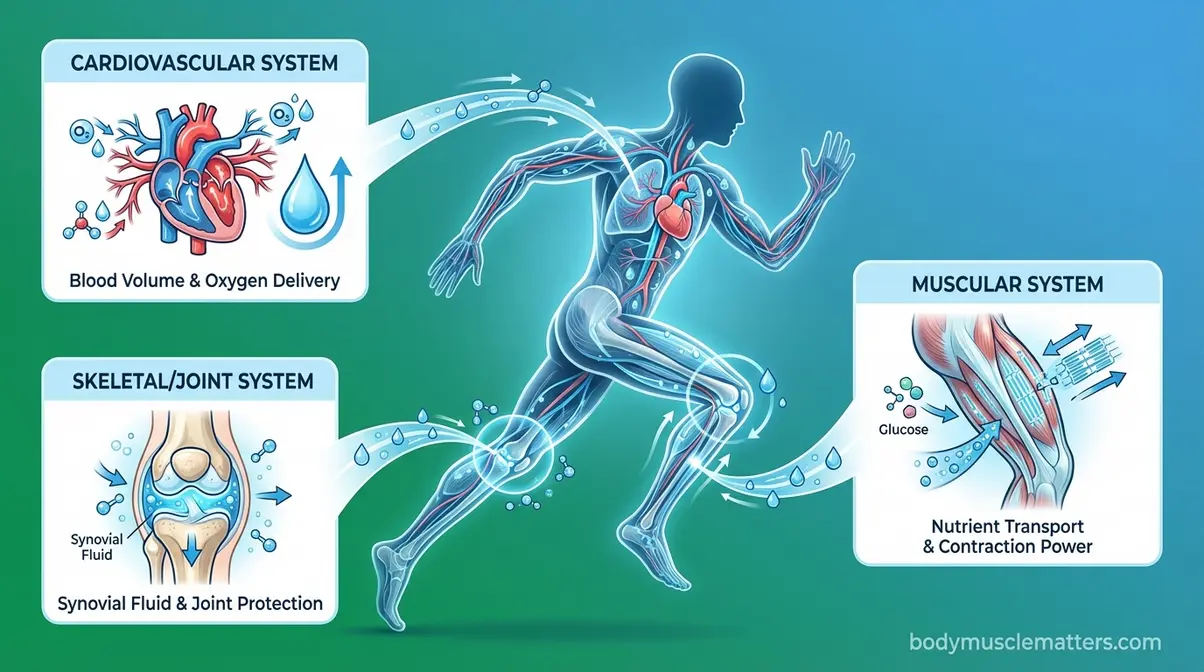 Human body diagram showing three water-dependent exercise systems: cardiovascular, muscular, and joint lubrication