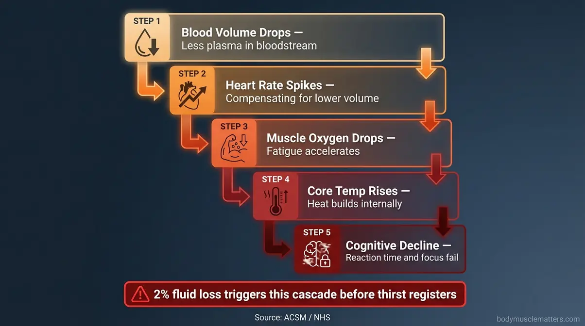Five-step dehydration cascade diagram showing how fluid loss progressively impairs heart rate, muscle oxygen, temperature, and cognition during exercise