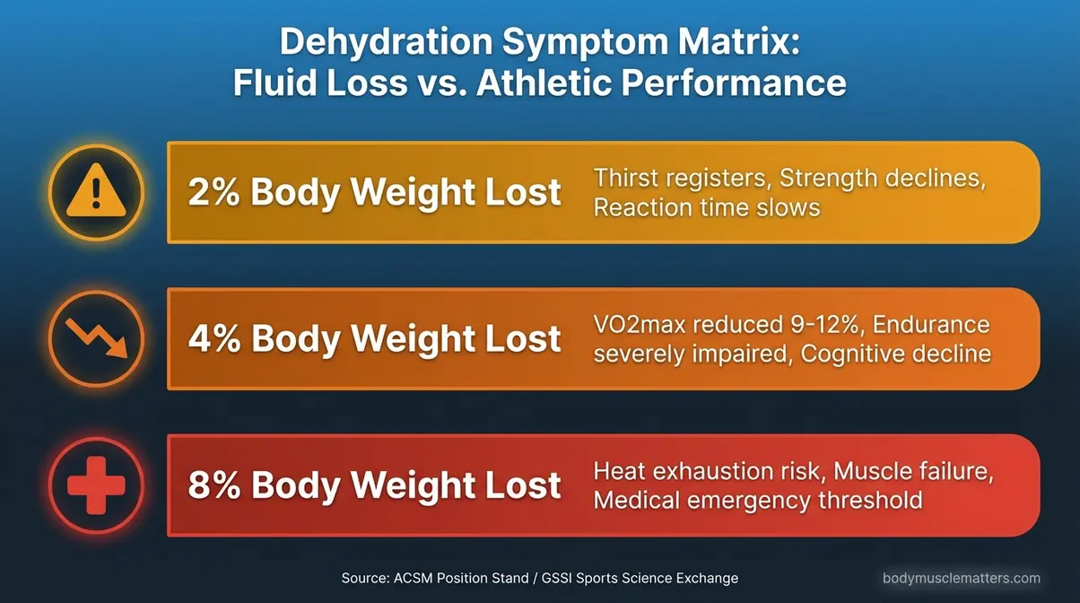 Chart mapping 2%, 4%, and 8% fluid loss to measurable athletic performance consequences including VO2max reduction for exercise hydration
