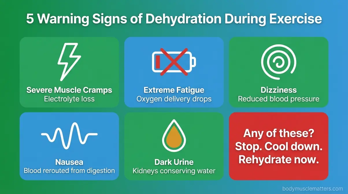 Five dehydration warning signs during exercise shown as icon grid: muscle cramps, fatigue, dizziness, nausea, and dark urine