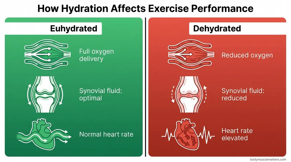 Split-screen infographic comparing euhydrated versus dehydrated physiological effects on muscles, joints, and cardiovascular system during exercise