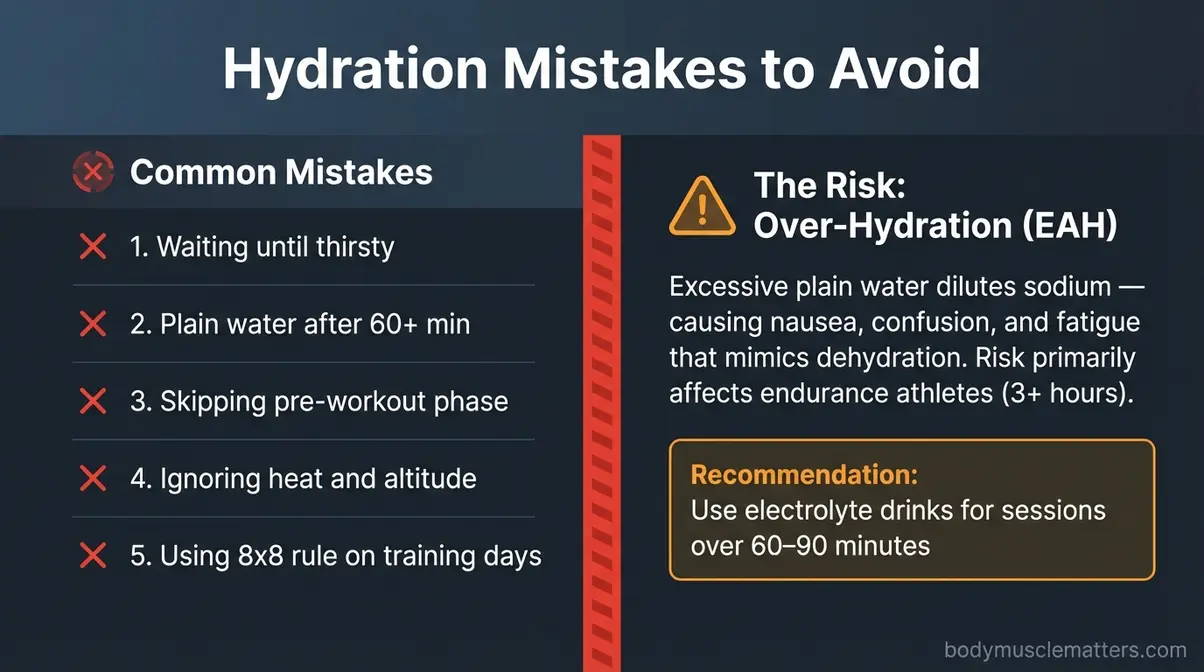 Hydration precautions infographic showing five common hydration mistakes and exercise-associated hyponatremia over-hydration risk warning