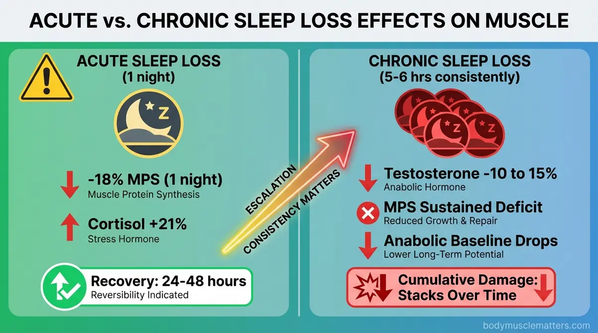 Acute versus chronic sleep loss muscle impact comparison showing temporary versus cumulative anabolic damage on gains