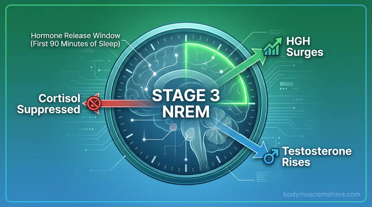 Hormone release window during deep sleep showing HGH surge testosterone rise and cortisol suppression in NREM stage 3