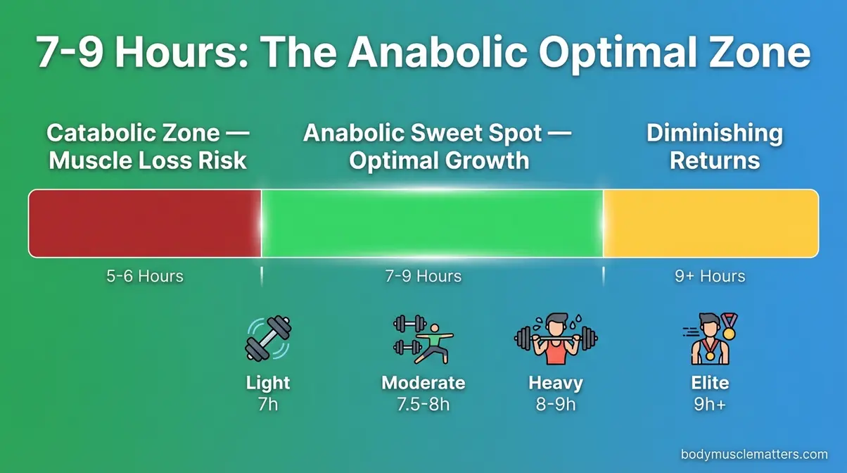 Sleep duration spectrum for muscle growth showing 7 to 9 hours as the optimal anabolic range for building muscle