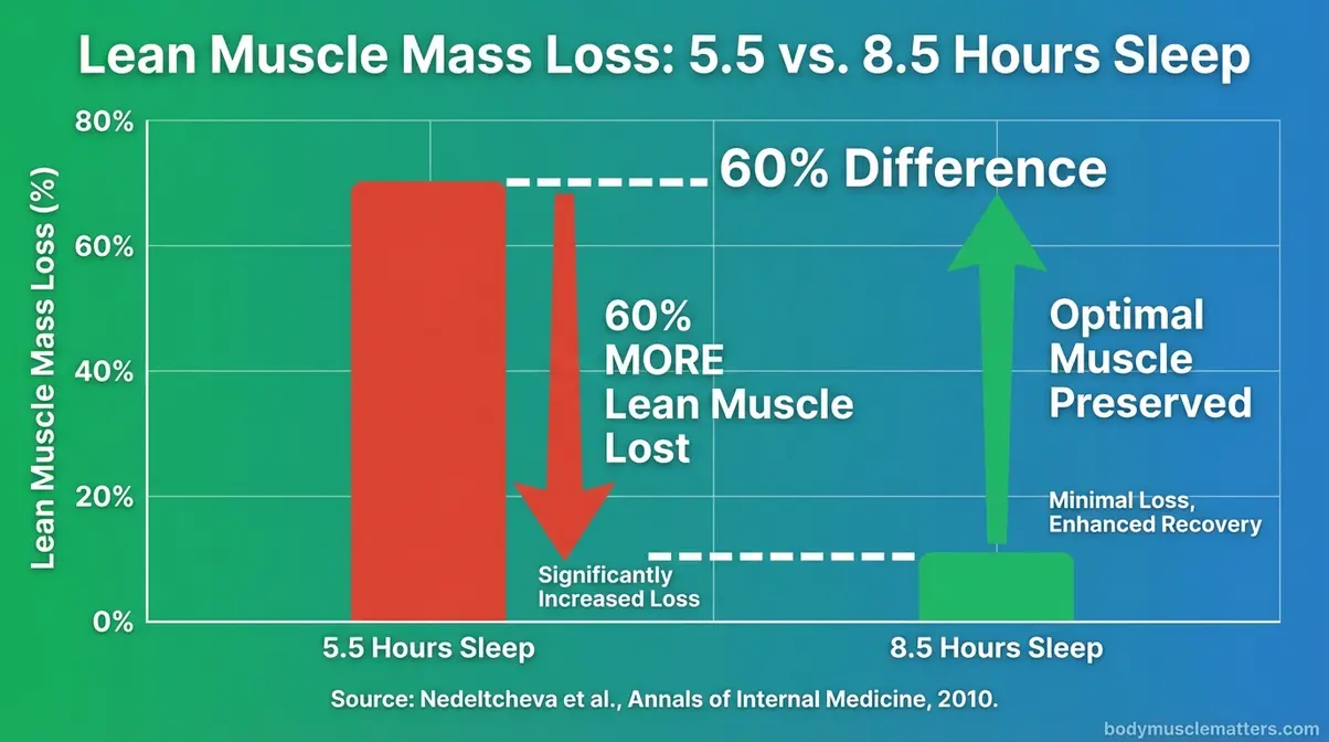 Bar chart comparing lean muscle mass loss at 5.5 versus 8.5 hours of sleep showing 60% greater loss in short sleep group