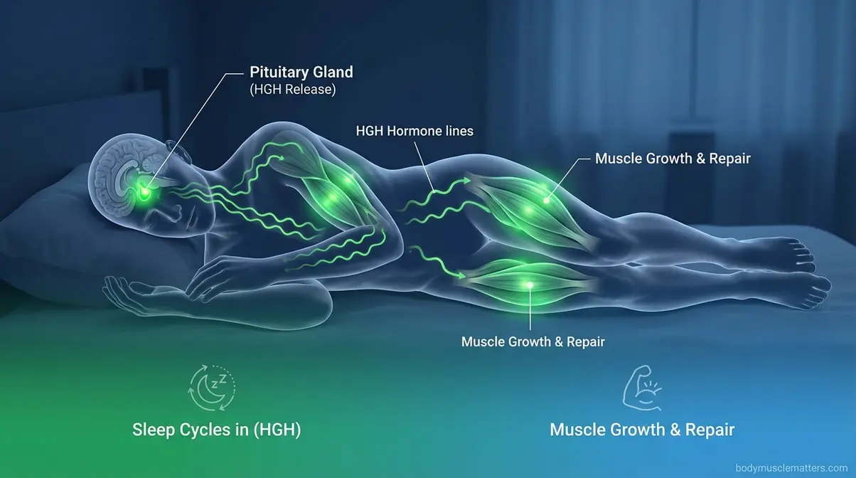 Muscles needing sleep to grow illustrated with pituitary gland releasing HGH during deep sleep stage