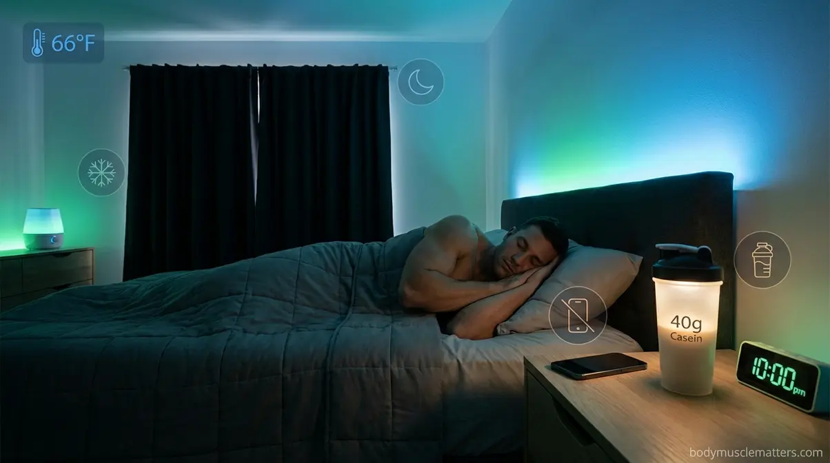Optimized sleep environment for muscle recovery showing cool dark bedroom with casein protein pre-sleep setup