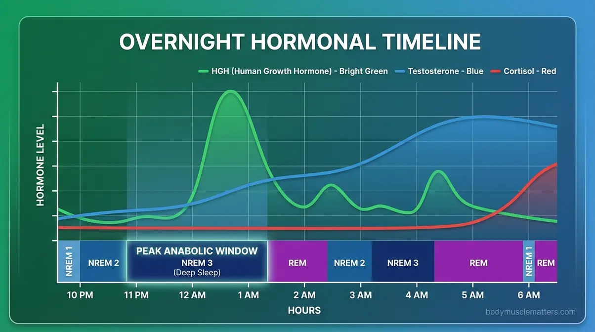 Overnight hormonal timeline infographic showing HGH spike during deep NREM sleep for muscle growth