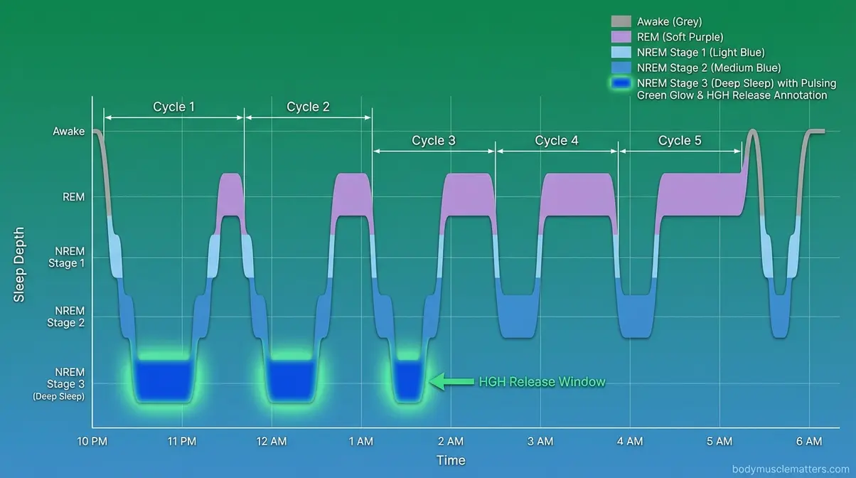 Sleep cycle stages diagram showing deep NREM stage 3 as peak muscle recovery and HGH release window