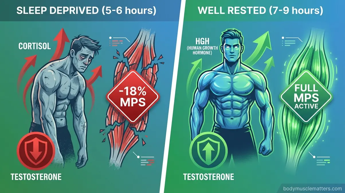 Sleep deprivation impact on muscle gains showing cortisol spike reduced protein synthesis versus well-rested muscle recovery