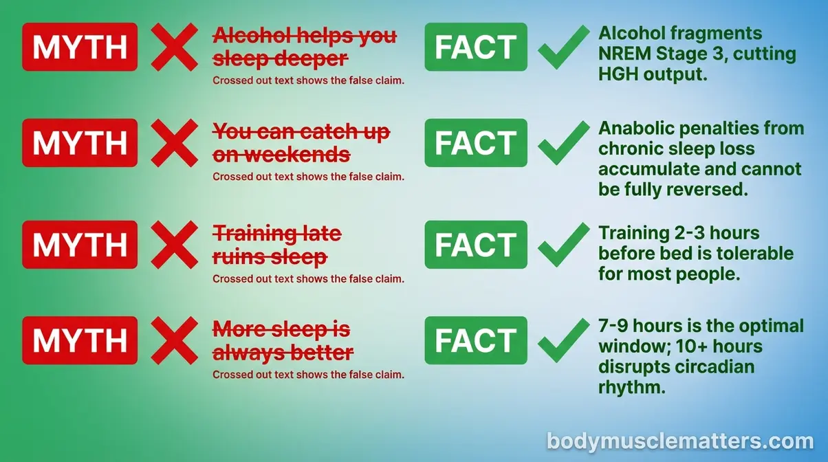 Sleep myths debunked for muscle growth covering alcohol sleep quality weekend recovery and late night training facts