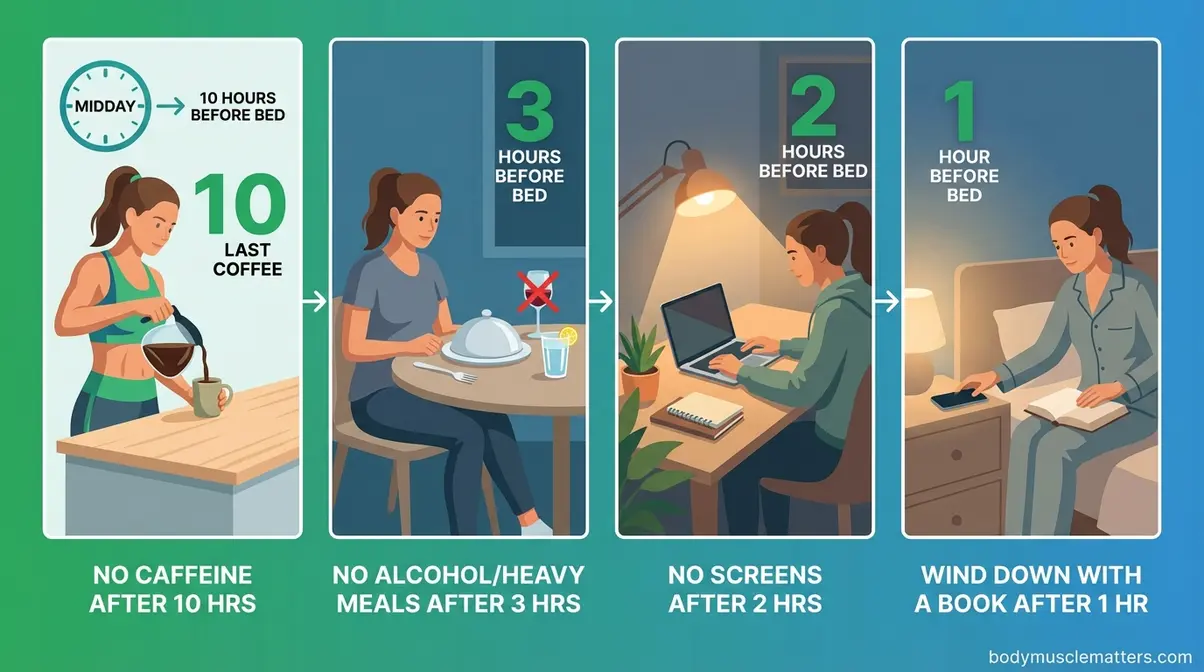 10-3-2-1 sleep rule athlete evening routine showing caffeine cutoff meal timing work shutdown and screen-free hour