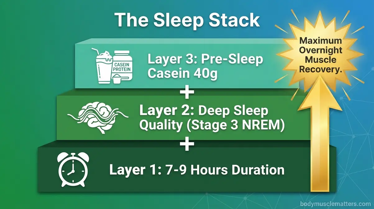 Sleep Stack three-part system diagram showing duration, deep sleep quality, and pre-sleep nutrition for overnight muscle growth