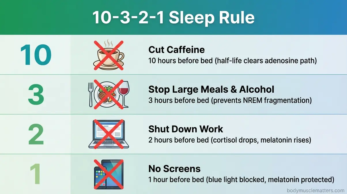 10-3-2-1 sleep rule countdown infographic showing four pre-bed steps for optimizing muscle recovery