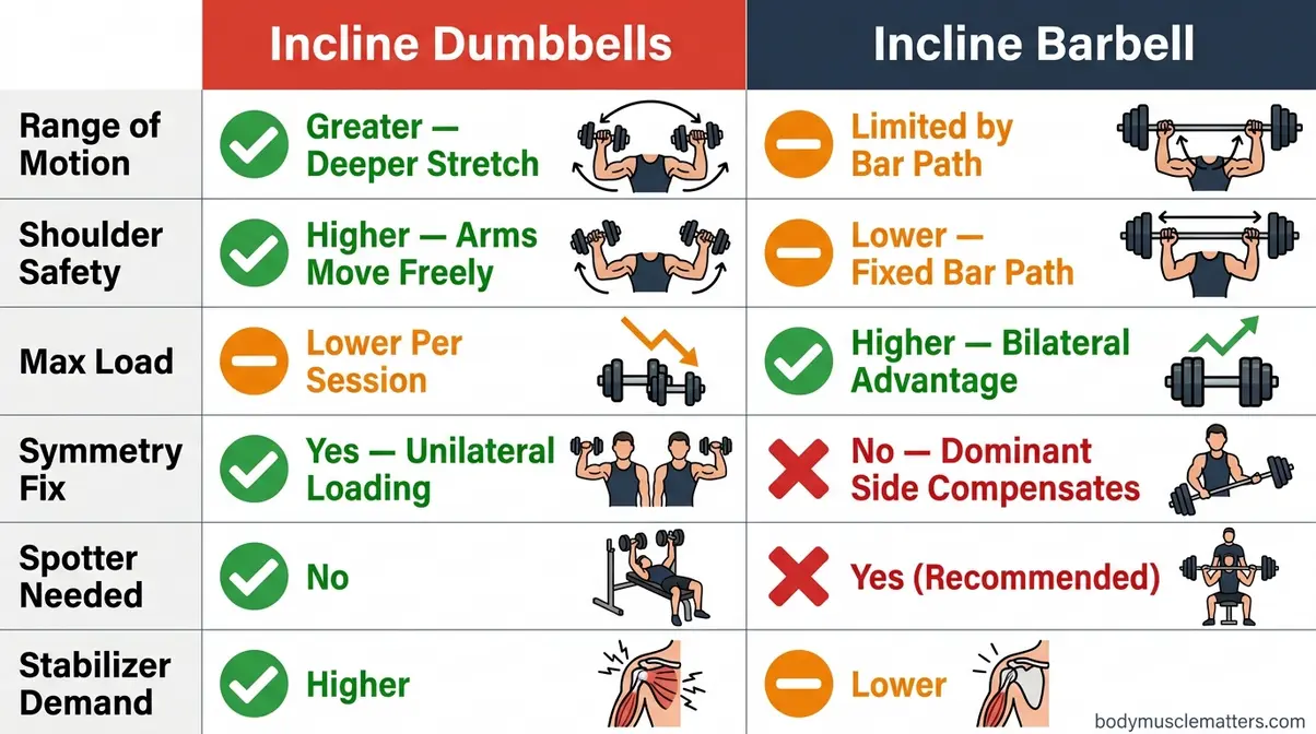 Comparison chart of incline dumbbell press vs incline barbell press for upper chest training