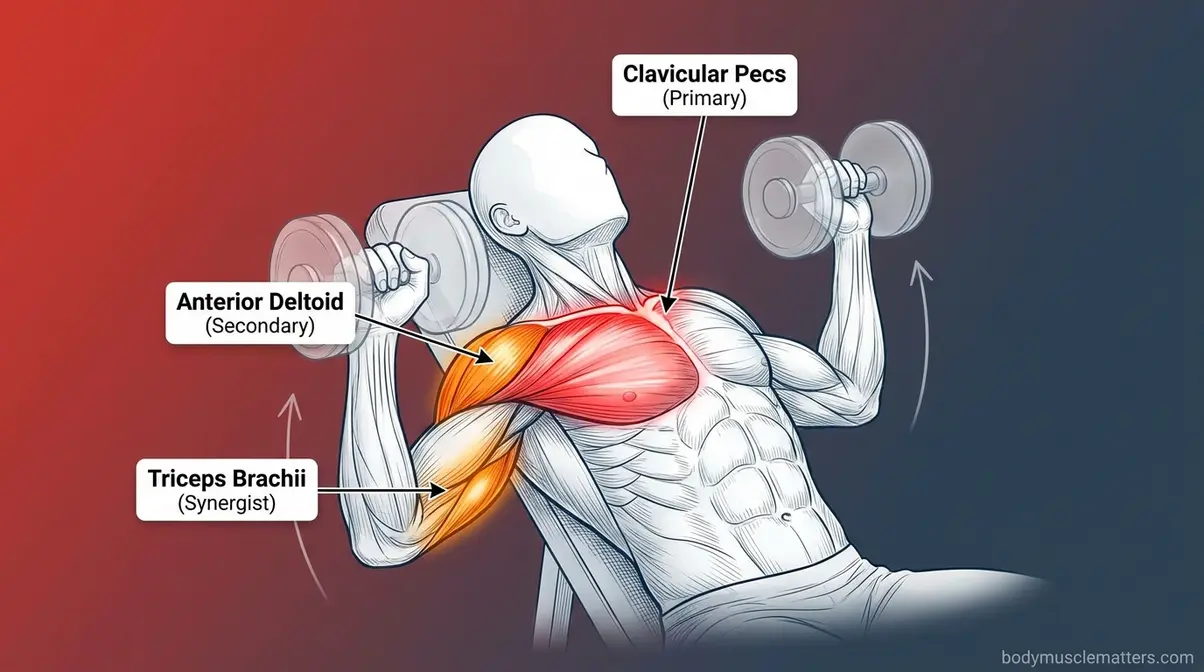 Muscles worked during incline dumbbell press including clavicular pectoralis major, anterior deltoid, and triceps