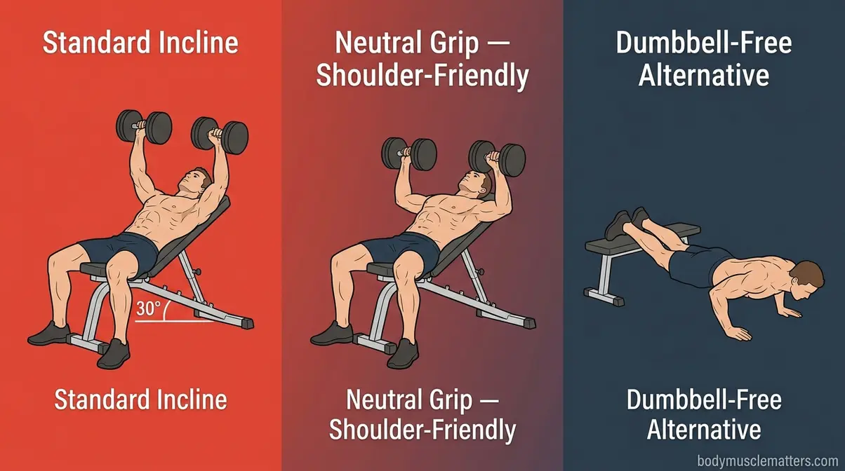 Three incline dumbbell press variations including standard, neutral grip, and decline push-up alternatives